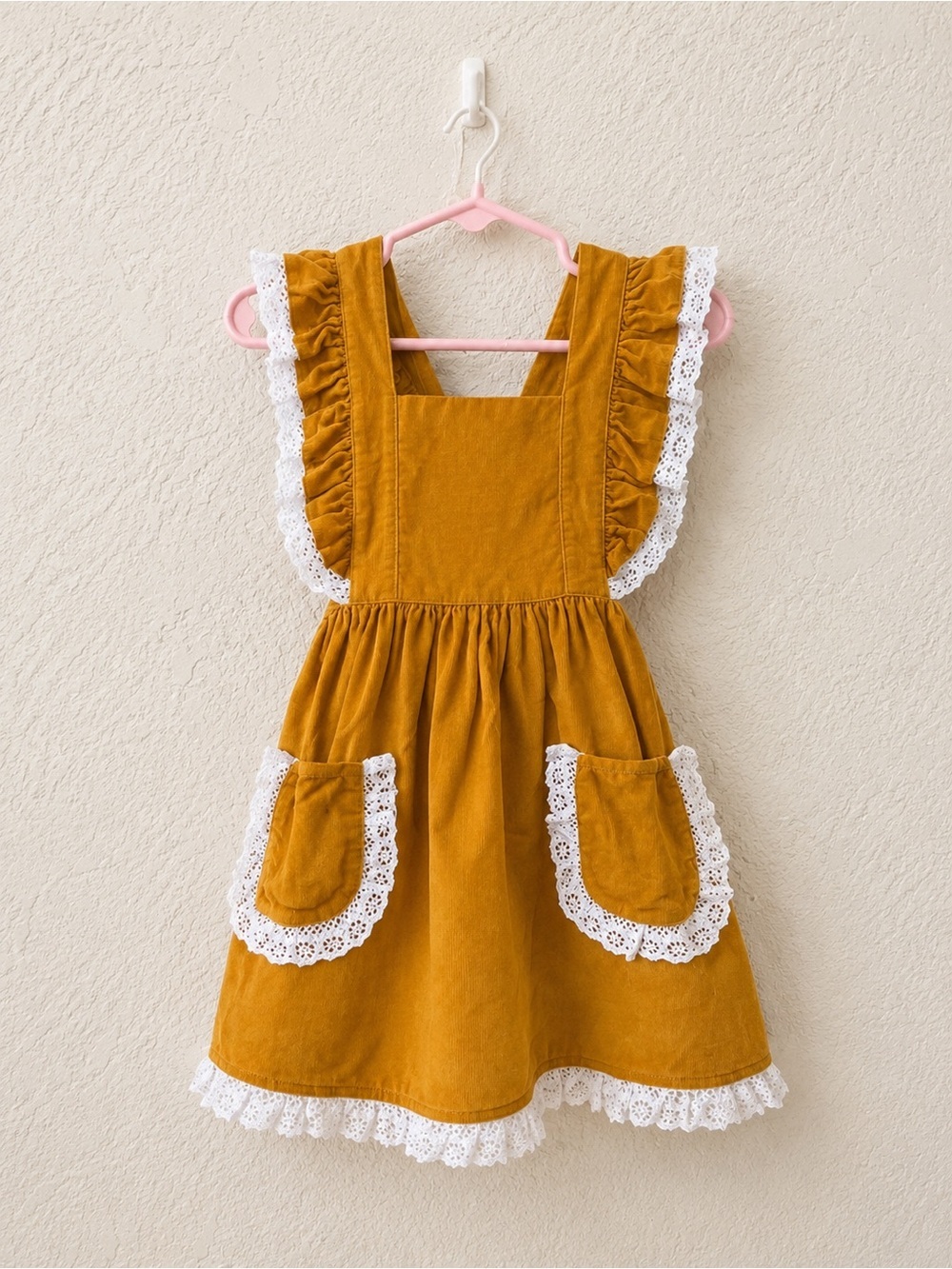 Shrimp & Grits Kids Corduroy Dress 3T Mustard Ruffle Lace Pinafore Boutique